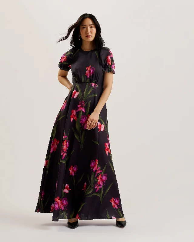 Clothes Of Woman Loceie Puff Sleeve Printed Maxi Dress Black