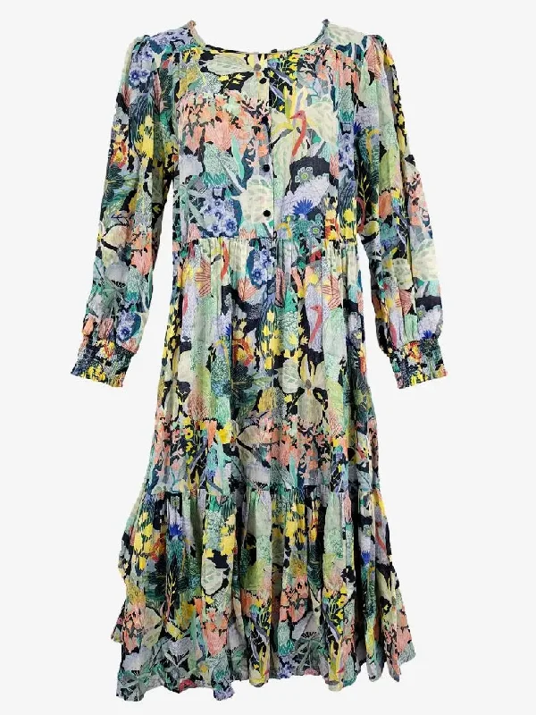 Seasonal Trends Gorman Tropical Light Cotton Tiered Midi Dress Size 8