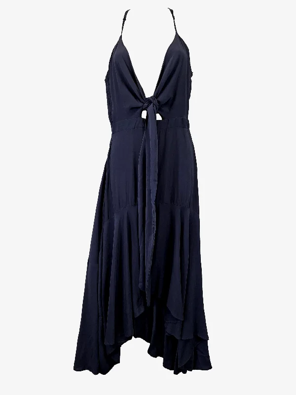 Style Streetwear Sheike Navy Tie Front Hi-low Summer Midi Dress Size 10