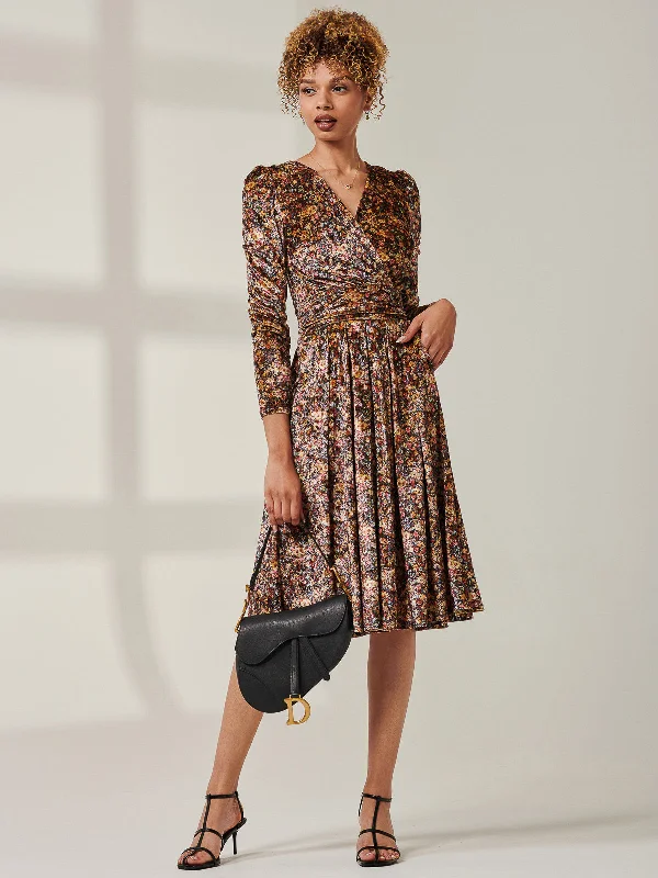 Chic Style Floral Print Velvet Dress, Black Multi