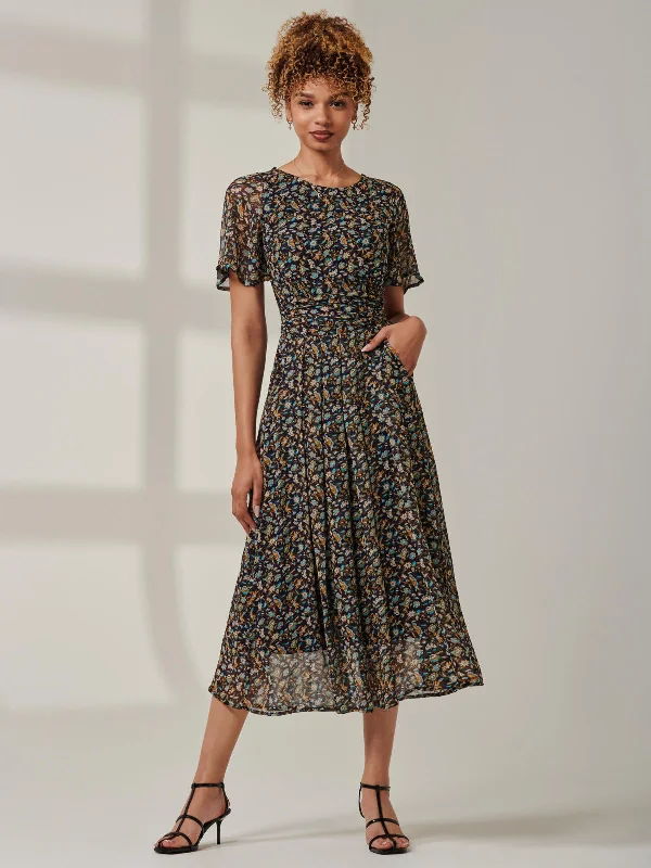 Wardrobe Refresh Angel Sleeve Chiffon Maxi Dress, Navy Floral