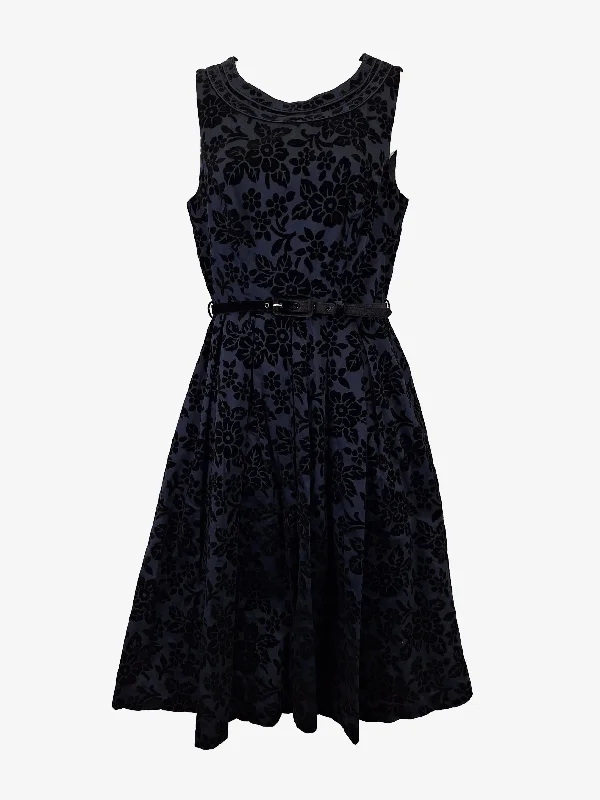 Trendy Street Style Attire Review Elegant Navy Belted Jacquard Cocktail Midi Dress Size 8