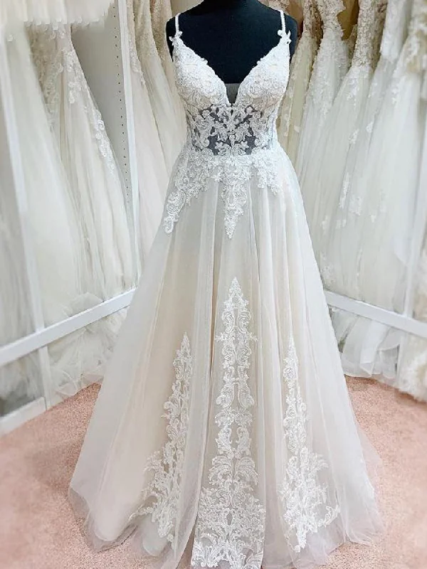 Best Boutiques Online Ivory Lace Tulle V-Neck Backless Floor-Length Spaghetti Straps A-Line Wedding Dresses prom dress    cg22090