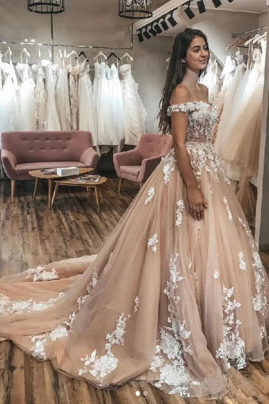 High-Quality Women’s Fashion Dresses Gorgeous Off the Shoulder Tulle Lace Appliques Wedding Dresses Puffy Bridal Dresses N2399