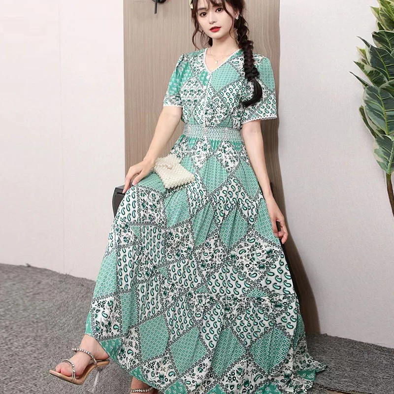 Exclusive Deals Online ikearlax Foreign Trade Bohemian Floral Dress Korean Style Cotton Silk Large Swing Dress V-neck Short Sleeve High Waist Dress Beach Skirt