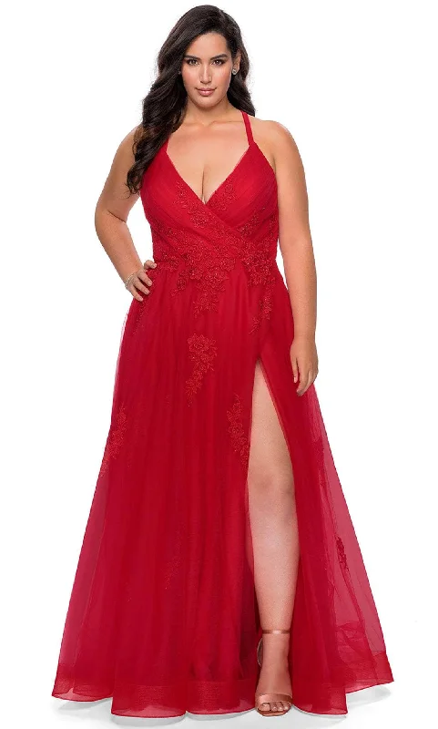 Summer Deals La Femme - 29021 Plunging V-neck Tulle Plus Size Prom Gown