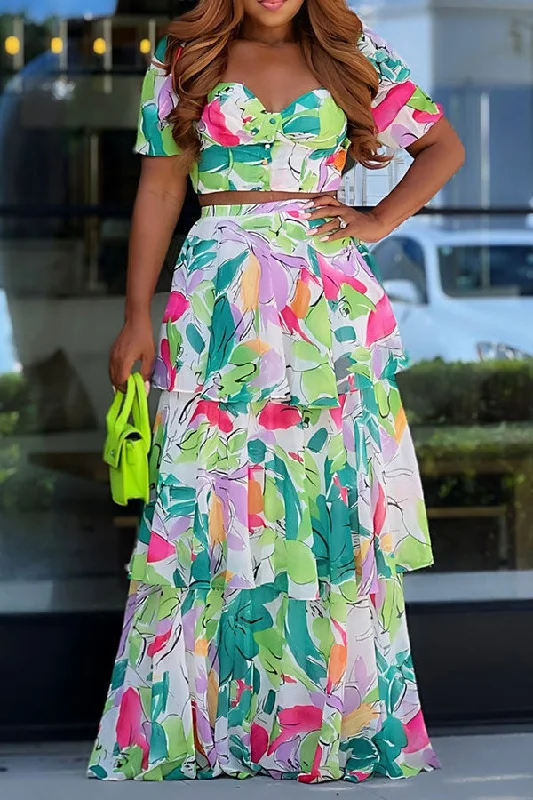 Special Offer Watercolor Floral Print Tropical Tiered Dress Suit