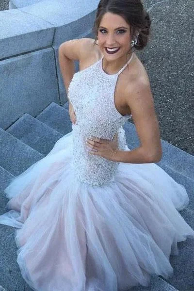 Stylish Women’s Clothes for Work and Play Gorgeous Halter Mermaid Beading Wedding Dresses Beaded Backless Mermaid Bridal Dresses N2400