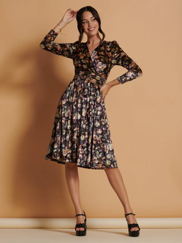 Budget-Friendly Fashion Floral Print Velvet Dress, Black Floral