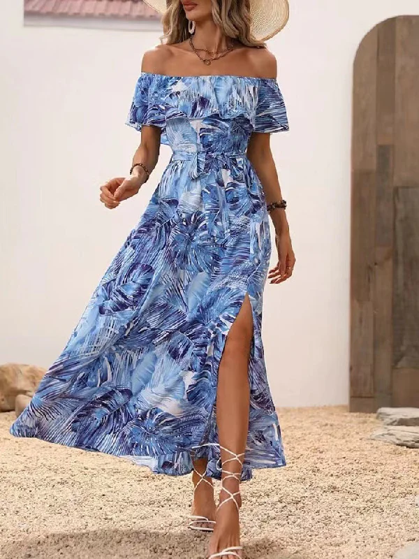 Glamorous Evening Wear Backless Off Shoulder Slit Boho Maxi Dress