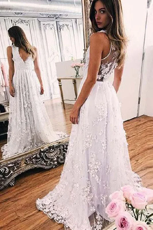 Luxe Women's Fashion A Line V-Neck Sleeveless Lace Wedding Dresses Long Bridal Dresses with Lace N2507