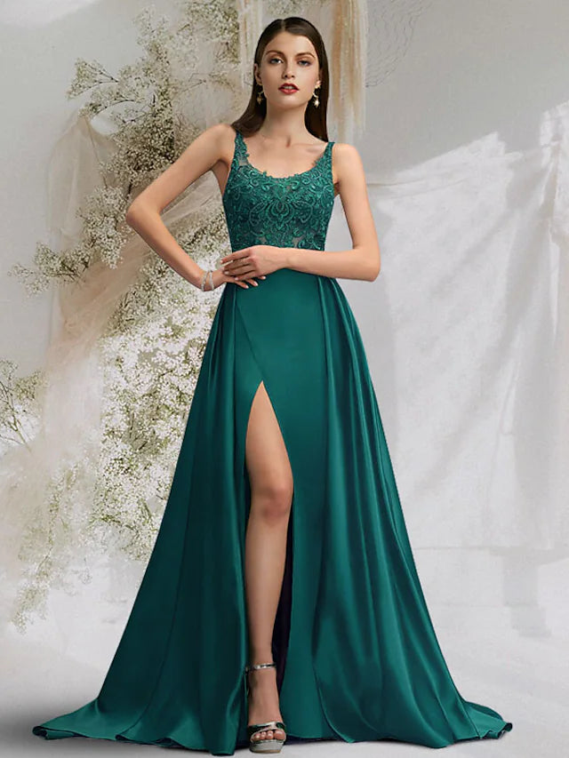 Limited Time Offer Prom Dresses Maxi Dress Engagement Court  Sleeveless Scoop Neck Charmeuse with Slit Overskirt Lace Insert