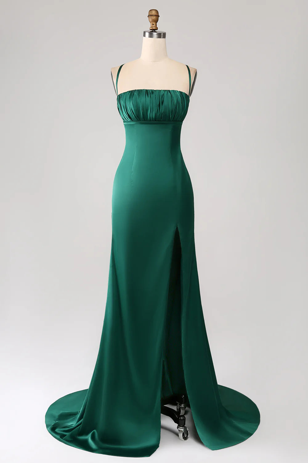 Trendy Street Style Amzcw Dark Green Sheath Spaghetti Straps Pleated Maxi Dress With Slit prom dresses shops