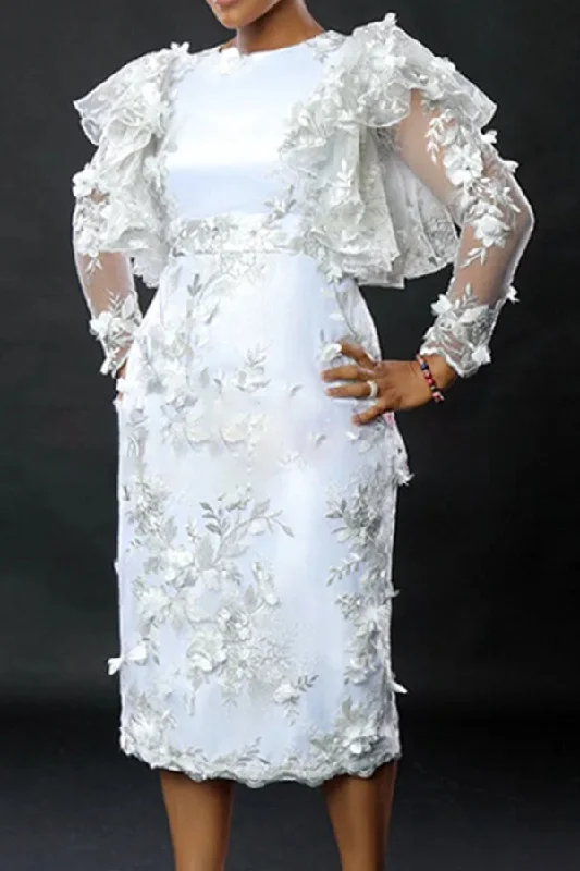 Timeless Elegance Redefined Floral Embroidery Lace Glamorous Ruffle Midi Dress