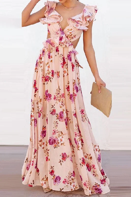 Quality Wear Floral Print Elegant Ruffle Tie Back Maxi Dress