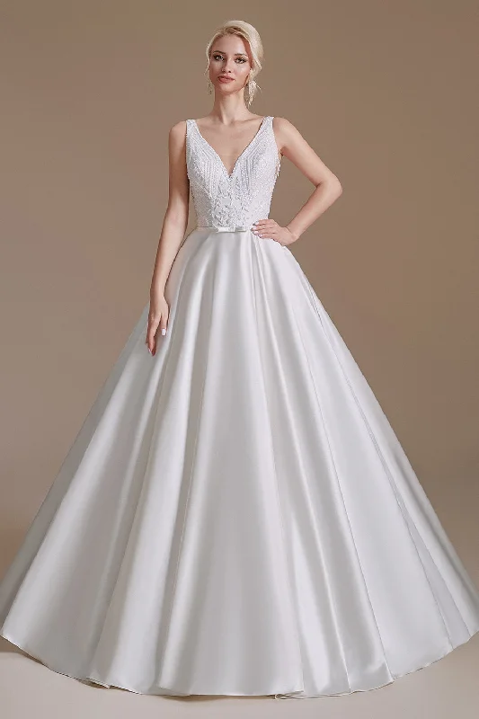 Holiday Discount Elegant Long A-Line Sleeveless Satin Wedding Dress