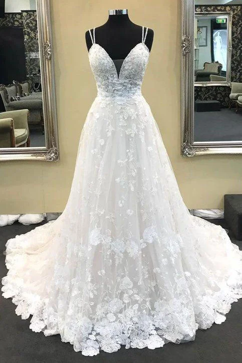 Top 10 Women's Online Clothing Stores A Line V-Neck Sleeveless Wedding Dresses Long Lace Bridal Dresses N2432