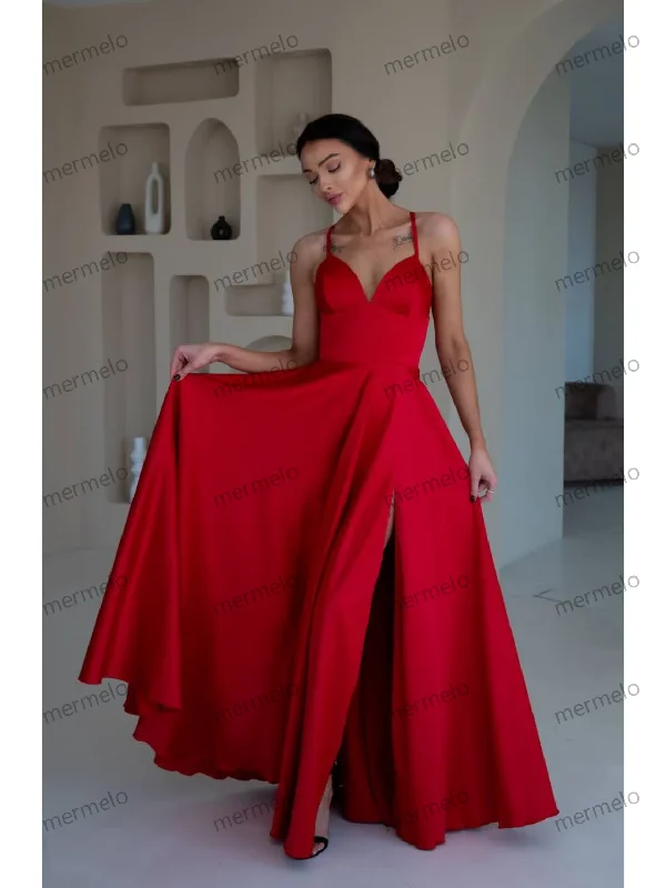 Preppy Style Red Silk Dress With Slit, Red Silk Long Dress, Maxi Prom Dress, Women Silk Maxi Dress, Handmade Dress, Silk Birthday Dress