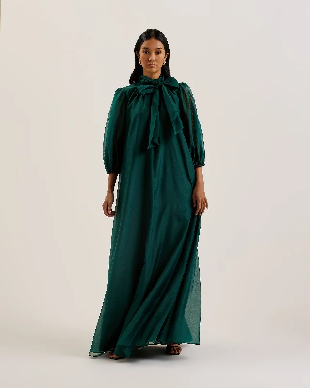 Best Boutiques Online Adaifi Sheer Organza Tie Neck Maxi Dress Dk-Green