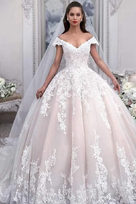 High Street Women’s Fashion for Trendy Shoppers Light Pink Off the Shoulder Ball Gown Tulle Wedding Dresses with Appliques