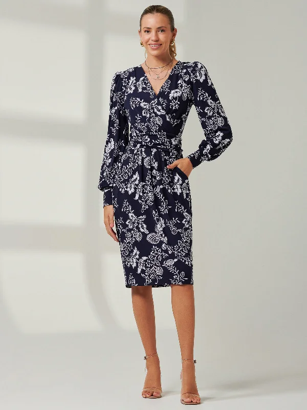 Clearance Event Long Sleeve Jersey Pegged Dress, Navy Floral