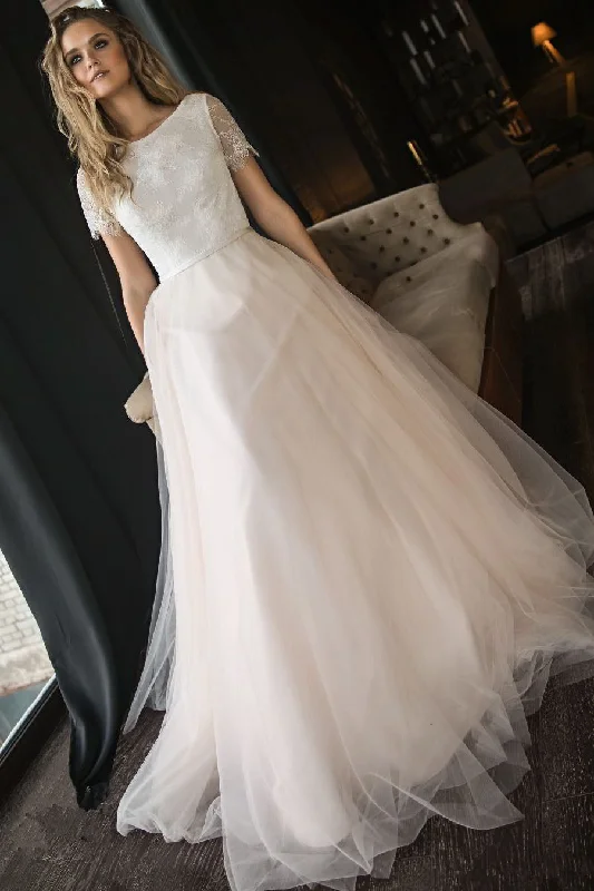 Women’s Activewear for Exercise and Sports A Line Tulle Wedding Dresses with Short Sleeves Elegant Beach Wedding Dresses with Lace N2379