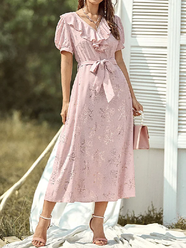 Odd Size Clearance Sale Beverly Casual Pink Ruffle Puff Sleeve Midi Dress