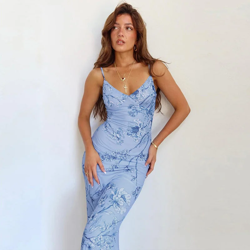 Boho Chic Fashion Aria Flower Print Halter Maxi Dress