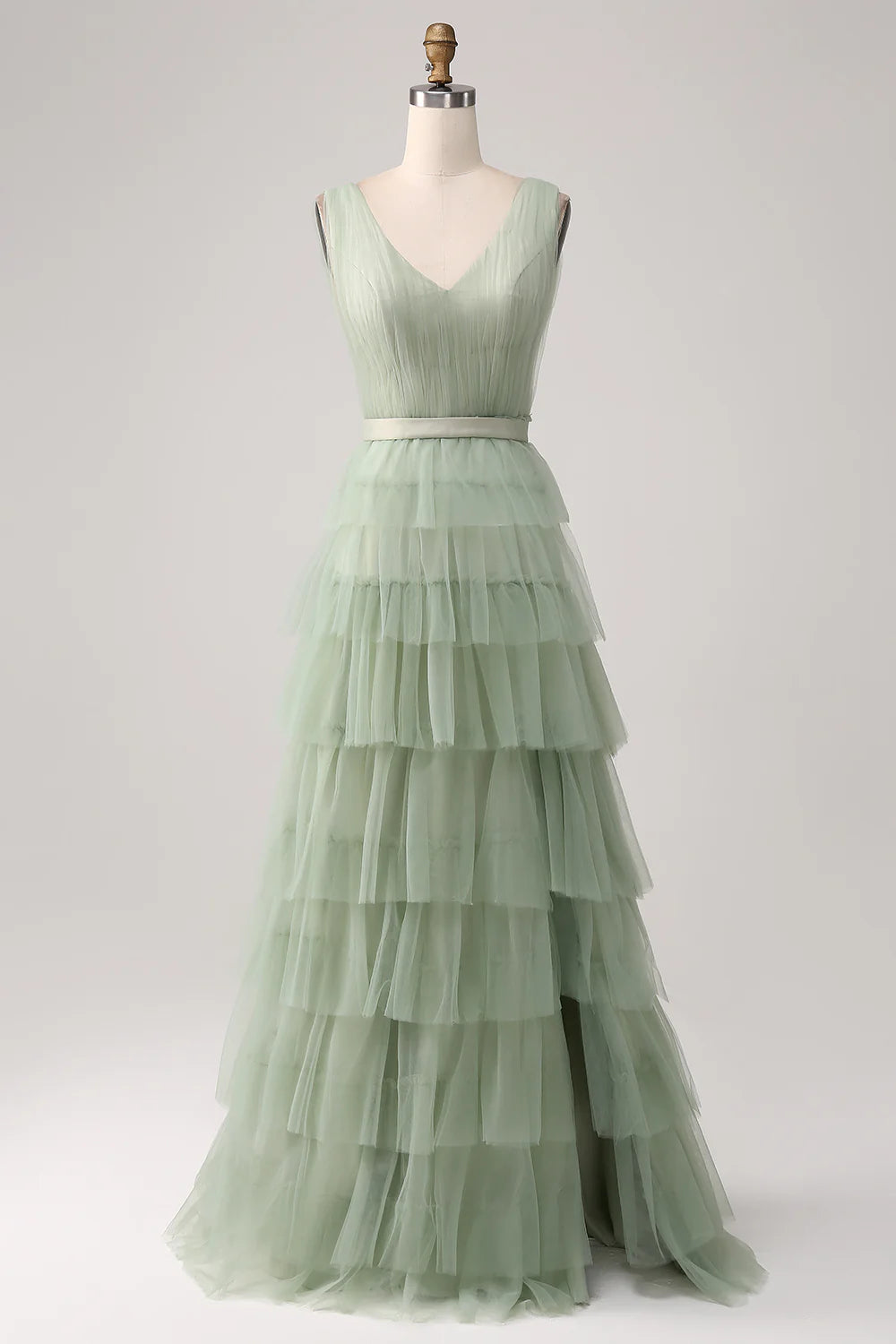 Limited Time Offer Amzcw Grey Green A-Line V Neck Tiered Floor Length Tulle Maxi Dress With Slit