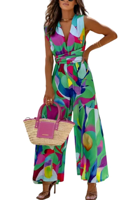 Sales Clothes Valina Tie Up Abstract Wide Leg Jumpsuit In Green