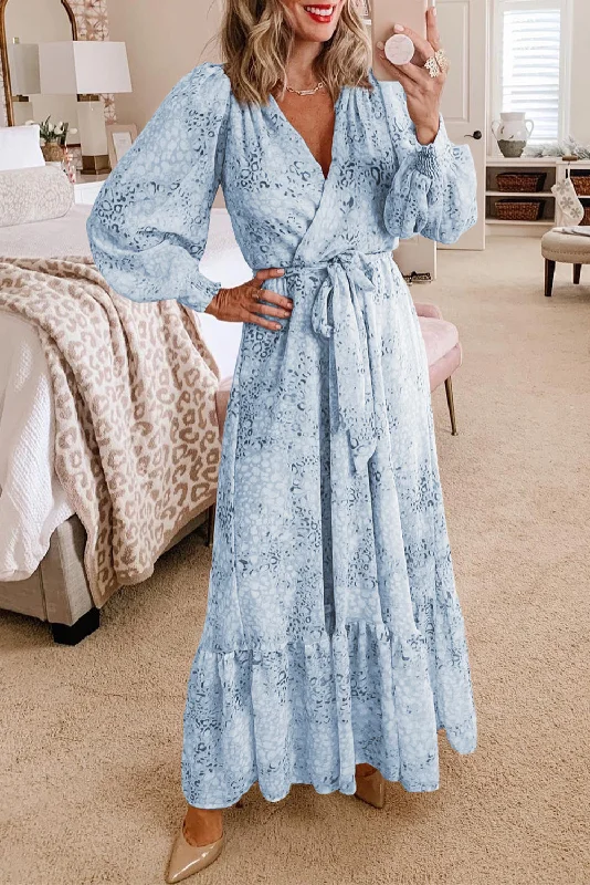 Stylish Women's Apparel Sky Blue Printed Surplice Neck Bubble Long Sleeve Maxi Dress with Tie waist