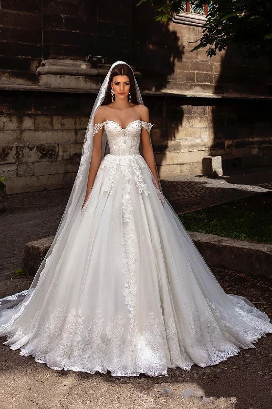 Fashionista Favorites Gorgeous Off Shoulder Sweep Train Lace Up Back Tulle Wedding Dresses with Appliques N2376