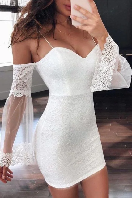 Trendy Pulse Sexy Strap Mesh Sleeve White Lace Cami Midi Dress         S2996