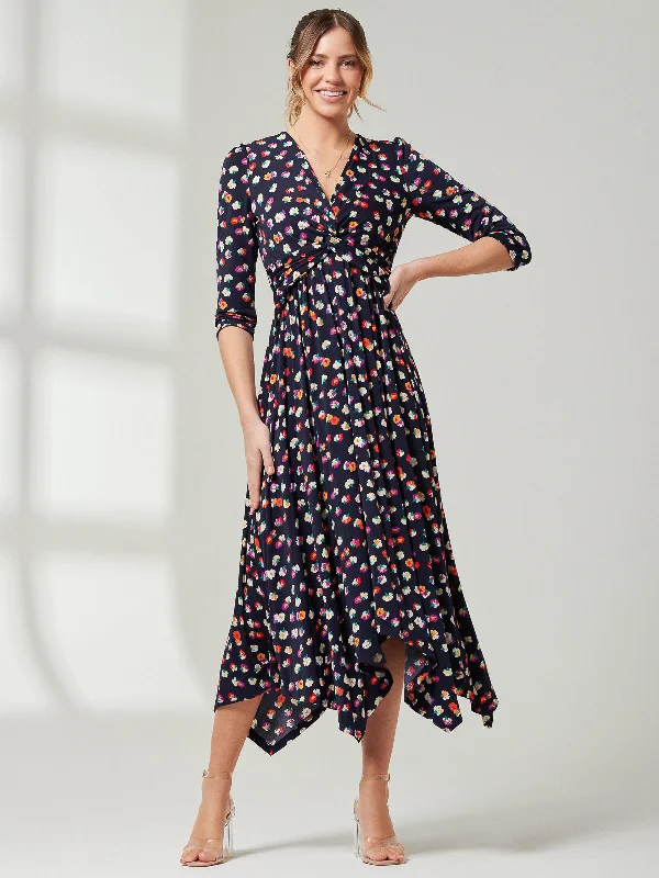 Special Occasion Wear Jolie Moi Knot Front Hanky Hem Dress, Navy Floral