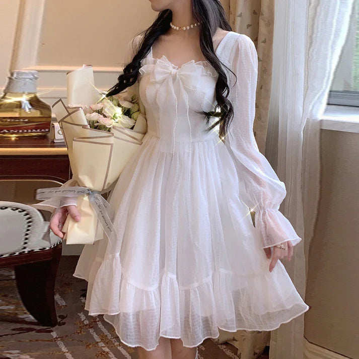 Modern Women’s Fashion with Vintage Touches French Sweet Fairy Dress Bowknot Princess Midi Dress     S4943