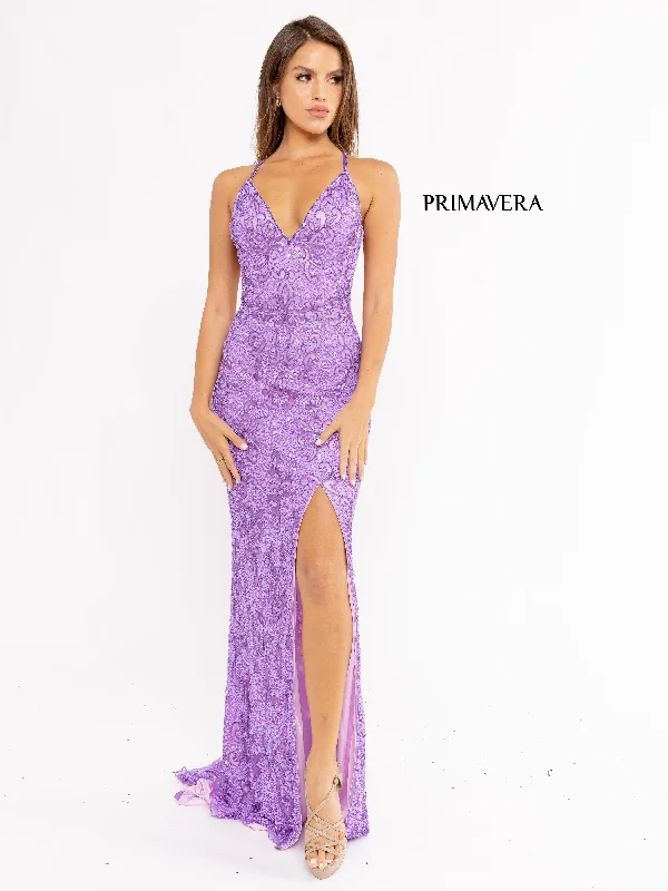 Fashion Forward, Function First Primavera Couture 3295 Size 2 Neon Lilac Prom Dress V Neckline Sequins Backless Slit Formal Evening Gown