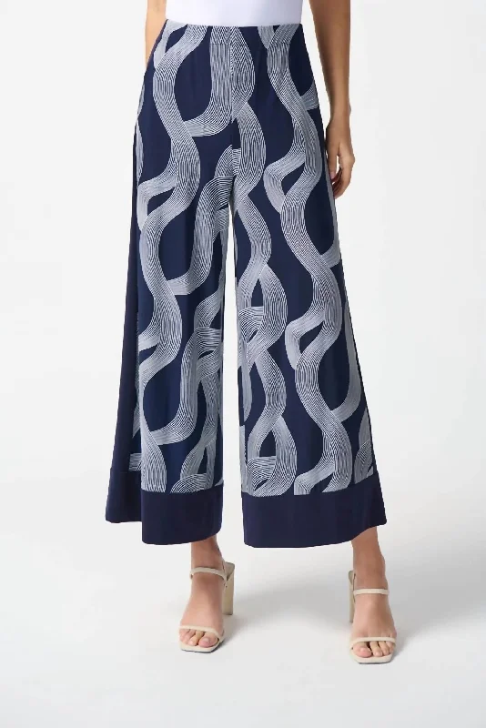 Clothes Of Woman Abstract Print Wide-Leg Pant In Midnight Blue/vanilla