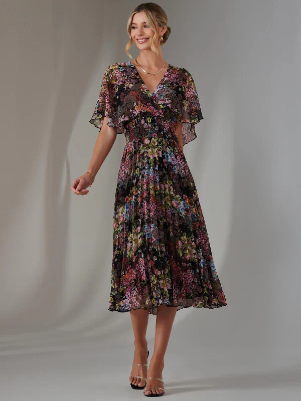 End Of Season Sale Floral Print Chiffon Pleated Dress, Floral Multi