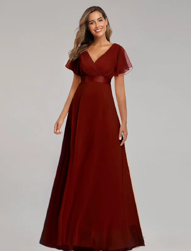 Women's Online Clothing Boutique A-Line Prom Dresses Maxi Dress Graduation Floor Length Short Sleeve V Neck Chiffon V Back with Ruched Ruffles