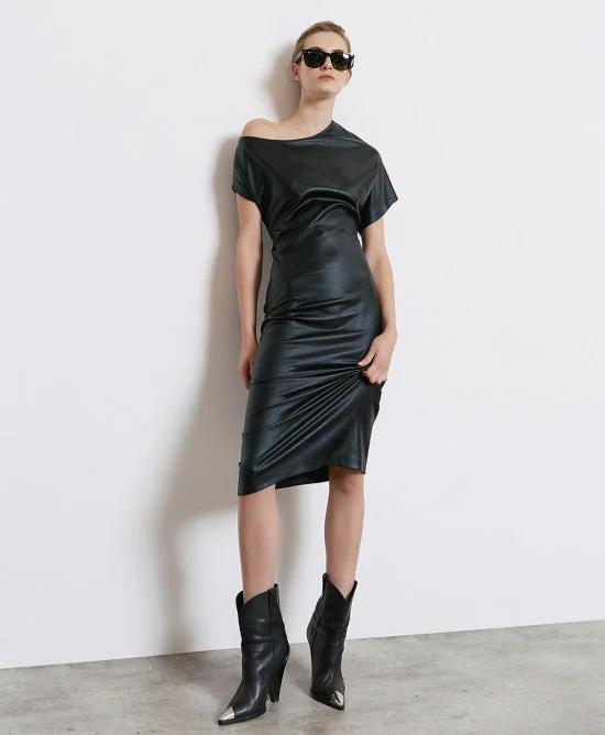 Chic & Cozy Collection Access Black Midi Dress With Asymmetrical Sleeve