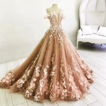 Outlet Clothing Long Champagne Prom Dress Lace Embroidery Off Shoulder Tulle Ball Gown Wedding Dresses   cg21354