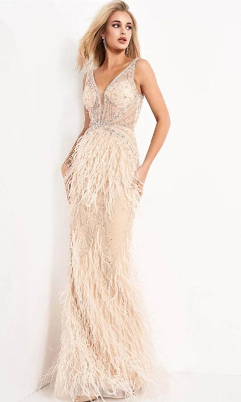 Exclusive Discount Jovani - 03023 Sheer Bodice Beaded Adorned Feather Fitted Evening Gown