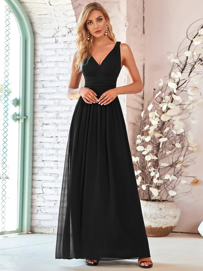 Evening Looks Pleated Sleeveless V-Neck Chiffon Maxi Dress