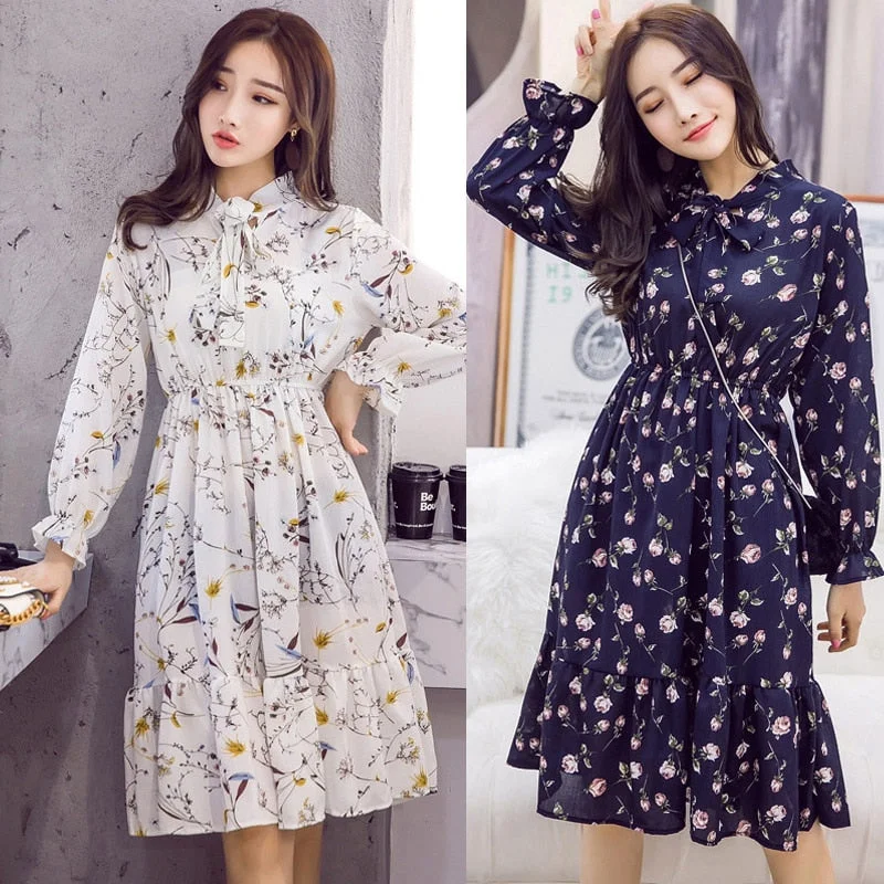 Chic Trends Unveiled Plus Size 2020 Women Autumn Dresses Bohemian Long Sleeve Chiffon Shirt  Dress White Bow Floral Boho Club Party Dress Winter 3XL