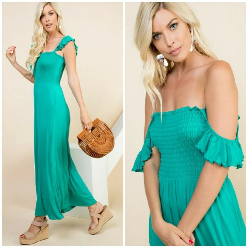 Fashion Sale Green Smocked Pockets On Off Shoulder Maxi Dress Casual Womens