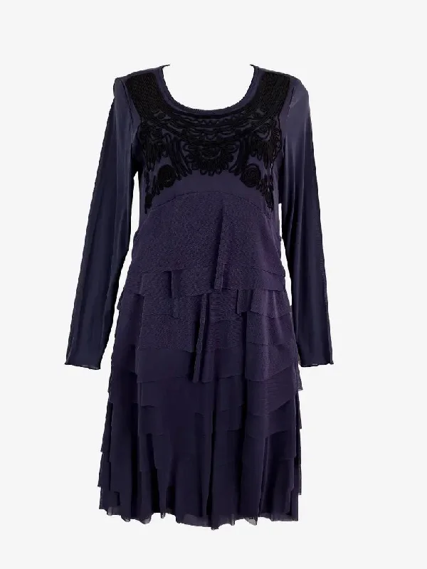 Limited Stock Didier Parakian Navy Applique Tiered Fitted Midi Dress Size 12