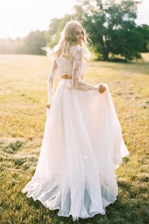 Trendy Women’s Outfits for Casual Wear Romantic Two Piece Long Sleeves Wedding Dresses with Lace A Line Ivory Chiffon Bridal Dresses N2398