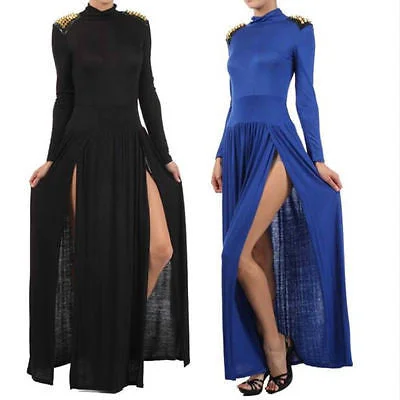 Fashion Deal Maxi Dress Spike Studded Shoulder Turtleneck Slit Thigh Split Long Sleeve