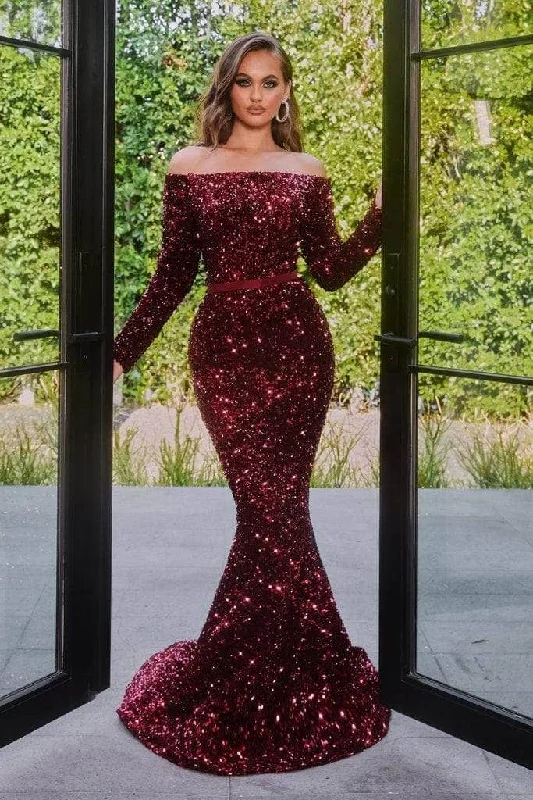 Low Price Special Portia and Scarlett - Long Sleeve Sequin Gown PS21032 - 1 pc Deep-Red in Size 16 Available