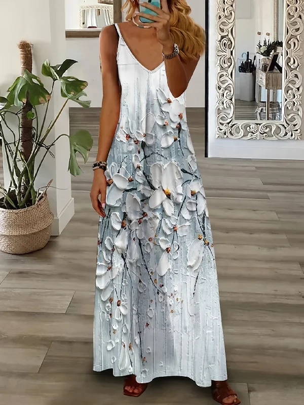 Dive Into Trendy Styles IKEARLAX Boho Chic Sleeveless Maxi Dress - Breezy Floral V-Neck Design with Adjustable Straps for Summer Elegance